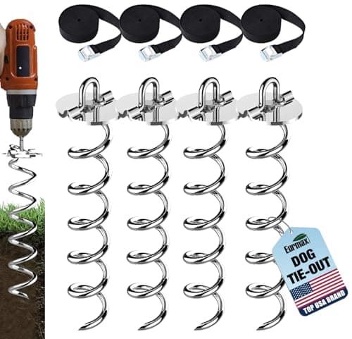 Eurmax USA 4-Pc Pack Spiral Stakes Heavy Duty Anchor Kit Ice Screw Anchor for Trampoline, Tents, tarps, Canopies,car Ports,Dog tie Out and etc Bonus Tie Down Straps 4-Pc Pack (Silver) - Image 1