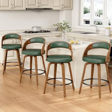 REONEY Swivel Bar Stools Set of 3, 26" Counter Height Bentwood Barstool, Mid-Century Modern PU Leather Upholstered Bar Chair with Back and Footrest, for Kitchen Island, Bar, Cafe, Dining Room, Green - Image 3