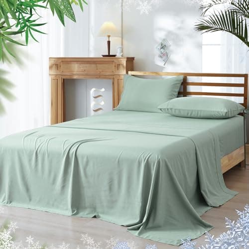 PHF Cooling Sheets Set King Size, Rayon Derived from Bamboo & Polyester, Breathable & Wrinkle Free Silky Soft Bedding Sheets, Wider Elastic Band, 16" Deep Pocket Bedding Set & Pillowcase, Sage Green - Image 1
