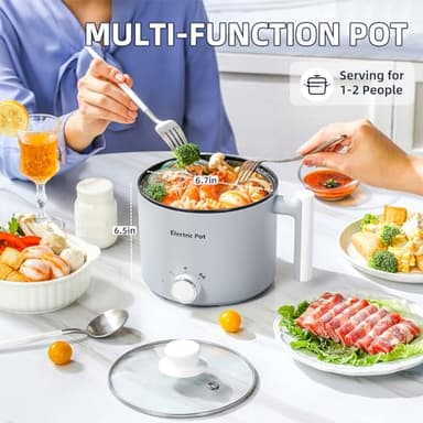 YOOLYQI Electric Hot Pot:1.5 L Ramen Cooker, Dual Power Mini Portable Multi-Functional Lazy Pot for Pasta, Noodles, Egg, Soup, Non-Stick Noodle Cooker with Boil Dry Protection for Dorm, Office (Grey) - Image 2