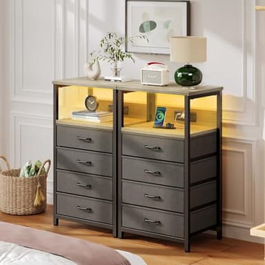 Seventable Night Stand with Charging Station, Tall Nightstand with 4 Fabric Storage Drawers, Side Table with LED Light for Bedroom, Entryway, Greige - Image 7