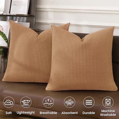 PHF 100% Cotton Waffle Weave Euro Shams 26"X26", No Filling, 2 Pack Elegant Home Decorative Euro Throw Pillow Covers for Bed Couch Sofa,Standstone - Image 3