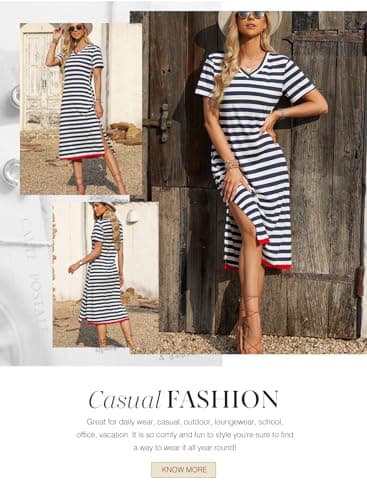 Dokotoo Dresses for Women 2025 V Neck Short Sleeve Striped Casual Long Loose Womens Dresses Beach Vacation Clothes for Women Blue Medium - Image 3