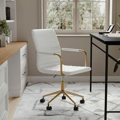 Martha Stewart Taytum Swivel Task Chair with Armrests for Home Office in White Faux Leather with Polished Brass Frame - Image 6