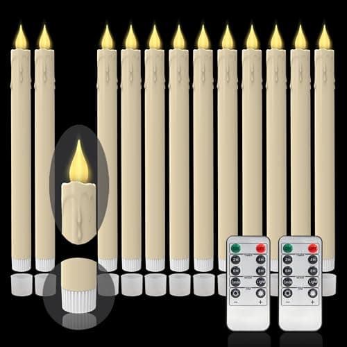 LED Flameless Taper Candles, 10.6 Inch, Set of 12, 2AA Battery Operated with Remote Control, Timer Function, Halloween, Christmas and Wedding Banquet Table Center Decoration, Ivory White (12)