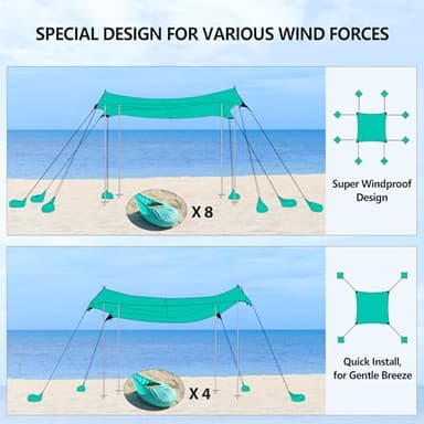 Camping Tent UPF50+ with 8 Sandbags, Beach Shade Canopy with Stability Poles and Big Ground Pegs, Pop Up Canopy for Camping, Picnics, 12X12FT Green - Image 8