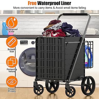455lbs Shopping Cart for Groceries, Large Heavy Duty Grocery Cart on Wheels, Folding Dual Basket Utility Carts with Waterproof Liner, Shopping Carts for Transport, Laundry, Gift, Luggage - Image 4