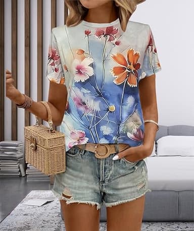 Huovud Women's Floral T Shirts Crew Neck Short Sleeve Summer Casual Tops (White, Medium) - Image 3