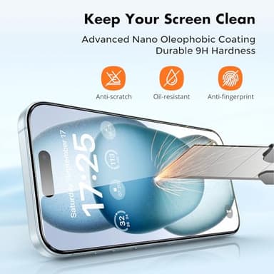 UNBREAKcable 3-Pack Screen Protector for iPhone 15, Double Shatterproof Tempered Glass [Easy Installation Frame] [9H Hardness] [99.99% HD Clear] [Case Friendly] for iPhone 6.1 inch - Image 5
