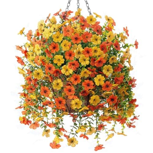 Artificial Fake Hanging Flowers Plants with Basket Spring Outdoor Decor,Faux Silk Colorful Daisy in Planter Boxwood No Fade Plastic Shrubs Farmhouse Home Garden Porch Decoration (Yellow Orange) - Image 1