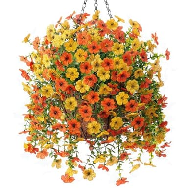 Artificial Fake Hanging Flowers Plants with Basket Spring Outdoor Decor,Faux Silk Colorful Daisy in Planter Boxwood No Fade Plastic Shrubs Farmhouse Home Garden Porch Decoration (Yellow Orange) - Image 1