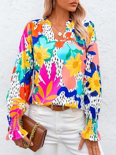 MASCOMODA Womens V Neck Floral Long Sleeve Tops 2025 Summer Casual Loose Puff Sleeve Chiffon Boho Work Blouse Dressy T Shirts(Multicolored Flower,X-Large) - Image 2