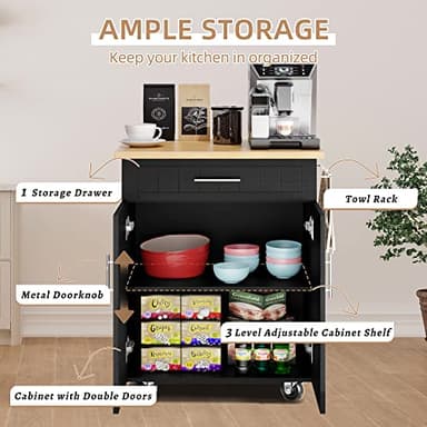 Shintenchi Kitchen Island Cart with Storage,Rolling Kitchen Island Side Table on Wheels with Worktop,Single Door Storage Cabinet and Drawer for Kitchen,Dinning Room, Black - Image 2