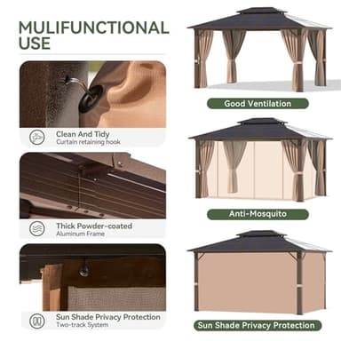 Aoxun 10'x12' Hardtop Gazebo, Aluminum Frame Permanent Pavilion with Curtains and Netting, Outdoor Polycarbonate Gazebo, Double Roof Canopy, for Gardens, Patios, Lawns - Image 9