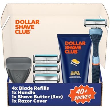 Dollar Shave Club | The Member Exclusive Shave Set | 4 Swift Rinse Refill Cartridges, 1 Handle (Blue), 1 Shave Butter 3 ounce, 1 Razor Cover, Razors for Men - Image 1