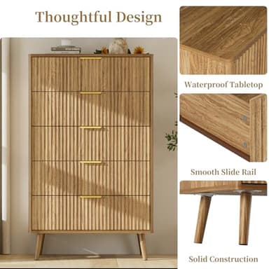 LYNSOM Fluted 5 Drawers Dresser, 45" Tall Modern Chest of Drawers with Curved Profile Design and Metal Handle, Wood Drawer Organizer for Bedroom, Living Room, Hallway, Entryway, Natural Oak - Image 3
