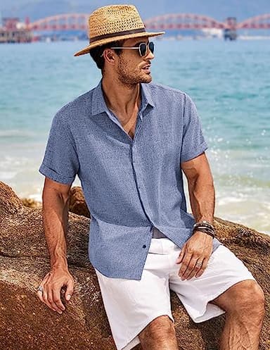 COOFANDY Men's Linen Shirt Casual Shirts Short Sleeve Shirts Button Down Linen Beach Shirts for Men Summer Outfit Denim Blue - Image 4