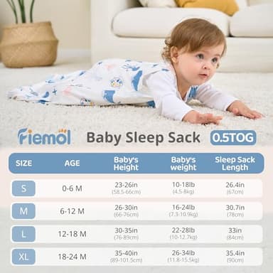 FIEMOL Baby Sleep Sack 0-6 Months, 0.5 TOG Wearable Blanket for Baby Boy and Girl, 2-Way Zipper Newborn and Infant Sleeping Bag 2 Pack, Lightweight Sleep Sacks Blue Whale（Small） - Image 4