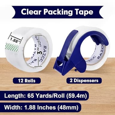 RAZCC Packing Tape, 12 Rolls Clear Heavy Duty Packaging Tape with Dispensers for Packing, Shipping, Moving and Mailing, Thicker Sealing Tape-1.88" x 65 Yards Per Roll, 780 Total Yards - Image 2