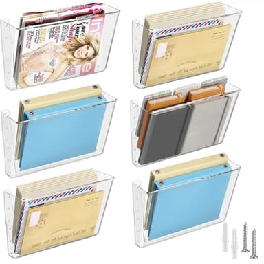 MaxGear Acrylic Wall File Organizer 6 Pockets Hanging Paper Holder Clear Wall Bins for School, Office and Home, 13x4x7 inches - Image 1