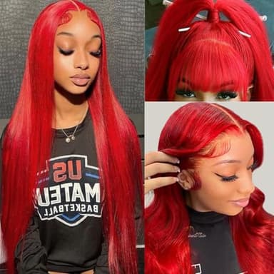 Straight Lace Front Wigs Human Hair Red Burgundy 13x4 Lace Frontal Wigs Human Hair Wear and Go Glueless Dark Red Wig Hd Transparent Lace Front Wigs Human Hair Burgundy Wigs for Women 28 Inch - Image 1