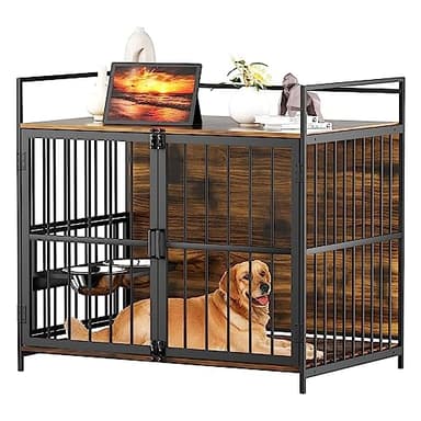 ROOMTEC Furniture Style Large Dog Crate with 360° & Adjustable Raised Feeder for Dogs 2 Stainless Steel Bowls -End Table House Pad, Indoor Use,41" L X 24" W 36" H, Classic Brown - Image 1