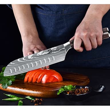 Dfito Chef Knife Sets with Roll Bag, 9 Pieces Professional Knife Set, High Carbon Stainless Steel Kitchen Chef Knife Set, Red Pakkawood Handle, Dishwasher Safe - Image 6