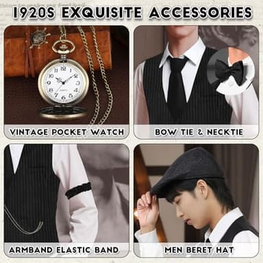 PARTTELY 1920s Mens Costume,Roaring 20s Costumes for Men,1920S Mens Outfit Accessories with Vest Hat Pocket Watch Tie Armband - Image 4