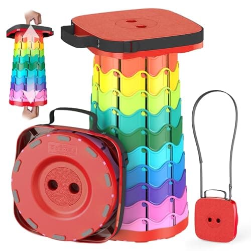 Guioiby Upgraded Collapsible Stool, Portable Folding Stool, Telescoping Camping Chair with Max Load Capacity 485lbs, Square Retractable Stool for Camping Gardening Fishing Hiking BBQ [Rainbow+Red] - Image 1