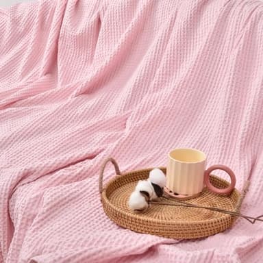 PHF Pre-Washed Cotton Waffle Weave Blanket King Size for Bed,Snag Proof Throw Blanket for Couch Spring Summer Lightweight Breathable,Oeko-TEX Certified,Machine Washable, Home Decor Gift，Pink - Image 8