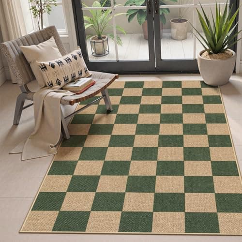 Lahome Checkered Porch Rug, 3x5 Farmhouse Kitchen Rugs Non Slip Washable Indoor Outdoor Carpet, Checkerboard Non Slip Non Shedding Green Carpet for Entry Bedroom Deck - Image 1