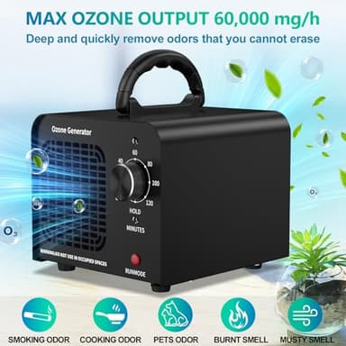 Ozone Generator 60000mg/h, Industrial/Home Ozone Machine, Odor Removal for Areas of 6,000 Square Feet, High Capacity Odor Eliminator for Car, Rooms, Smoke, Pets, O3 Air Purifier Deodorizes (Black) - Image 2
