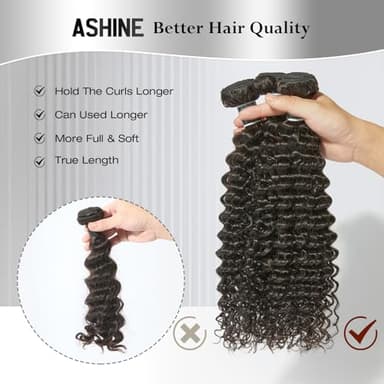 ASHINE Human Hair Bundles Deep Curly Water Wave, Unprocessed Cambodian Raw Hair 14 16 18 Inch, Flip Over Quick Weave Wet and Wave Bundles for Women Natural Black - Image 6