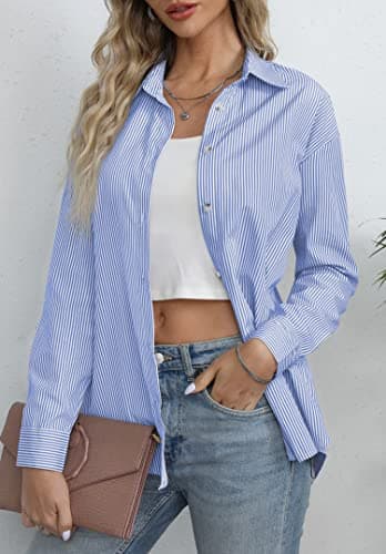 Diosun Womens Striped Button Down Shirts Classic Long Sleeve Stylish Collared Office Work Blouses Tops (Medium, Blue) - Image 3