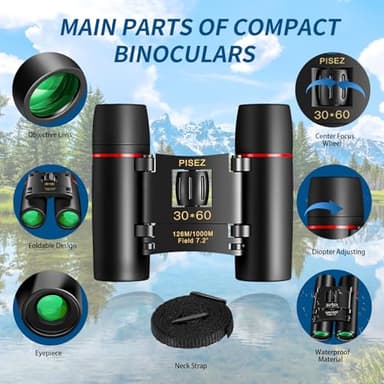 PISEZ 30X60 Compact Binoculars for Adults and Kids，Lightweight Foldable Easy Focus Small Binoculars for Bird Watching Hunting Concert Traveling Theater Opera Sightseeing - Image 8