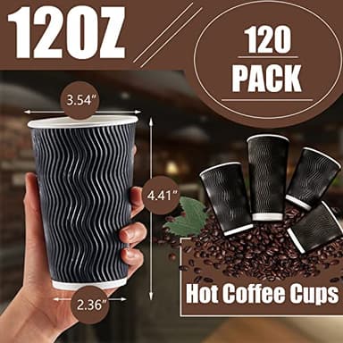 Lamosi 12 oz Disposable Coffee Cups - 120 Pack, Insulated Corrugated Paper Cups 12 oz, Kraft Ripple Wall Cups for Hot Beverage or Cold Drinks Office/Home/Party/Travel/Cafe (Black) - Image 3