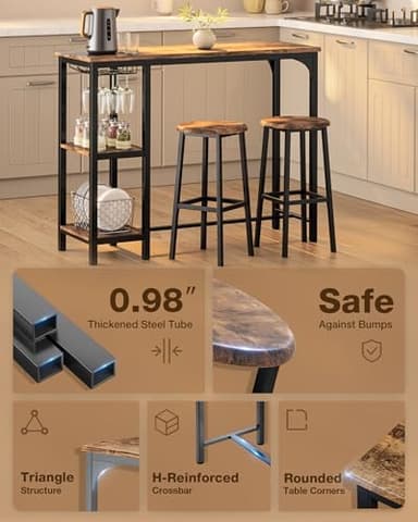 Qsun 3-Piece Bar Table Set for 2, Table with Stools & 2 Storage Shelves, Small Bar Table Set with Glass Rack, Small Kitchen Table for Dining Room, Living Room, Rustic Brown - Image 4