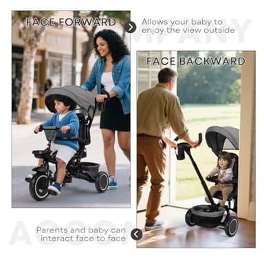 Kinder King Kids Tricycle, 8 in 1 Folding Toddler Trike w/Adjustable Push Handle, Rotatable Seat, Adjustable Canopy, Bell, Five-Point Harness, Storage, Toddler Stroller Bike for Age 6 Months+, Grey - Image 3