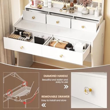COMHOMA Makeup Vanity Desk with Mirror and Lights, Vanity Table and Chair Set with 5 Drawers and Charging Station, Bedroom Dresser LED Mirror Stepless Dimmable & 3 Color Modes Adjustable, White - Image 6