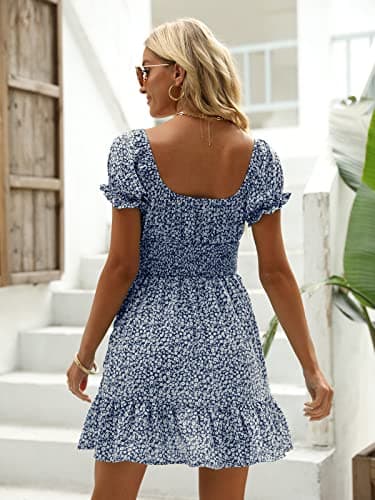 Heysolo Womens Boho Floral Mini Dress Square Neck Short Sleeve Smocked Beach Summer Dresses Navy Blue - Image 3