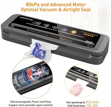 MegaWise Vacuum Sealer Machine | 80kPa Suction Power| Bags and Cutter Included | Compact One-Touch Automatic Food Sealer with External Vacuum System | Dry Moist Fresh Modes for All Saving needs - Image 2