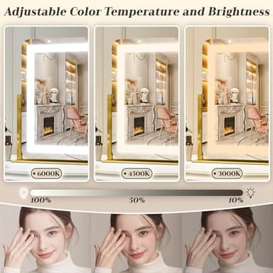 ROLOVE Gold Vanity Mirror with Lights - Smart Touch Dimming, 3-Color Lighting, 360° Rotatable Desktop Makeup Mirror for Desk, 22"x17" - Image 4