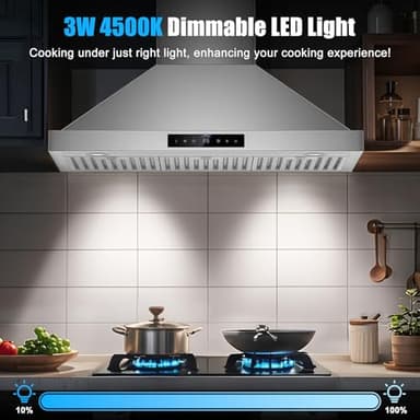 36 inch Wall Mount Range Hood, 1200 CFM with 4-Speed Gesture Sensing & Touch Control, Stainless Steel Kitchen Stove Vent Hoods with 2 LED Lights, Time Setting, Dishwasher-Safe Baffle Filters - Image 7