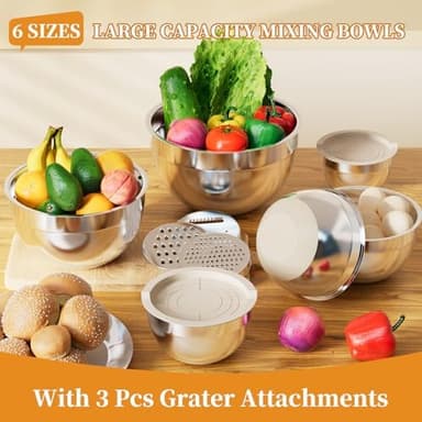 Mixing Bowls with Lids Set, 6 Piece Stainless Steel Nesting Storage Bowls for Kitchen, with 3 Grater Attachments & Non-Slip Bottoms, Size 5.5,3.5,2.5,2.1,1.5,1.1 QT - Image 5