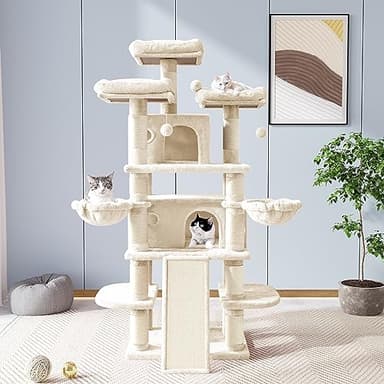 Allewie 68 Inches Cat Tree/House and Towers for Big Feline/Scratching Post/Multi-Level Large Kitty Climbing Tree with Condo/Beige - Image 2