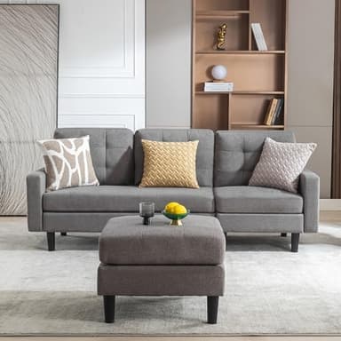 VECELO Convertible Sectional Sofa, Modern Linen Fabric L-Shaped Couch with Reversible Chaise for Living Room/Apartment/Office, Grey - Image 6