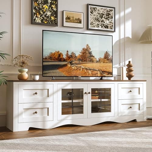 oneinmil 70" Modern TV Stands for for Living Room, Wood Entertainment Center with 4 Large Drawers, TV Console with Glass Door Storage Cabinet, TV Stand for TVs up to 75", White - Image 1
