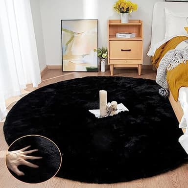 ORINOVA Black Round Rugs 8ft Machine Washable Rabbit Fur Area Rug Large Circle Rugs for Bedroom Faux Sheepskin Rug Cushion Living Room Décor - Image 3