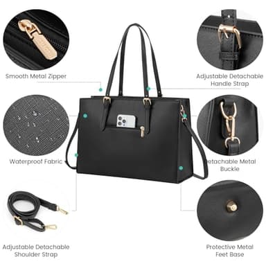 LOVEVOOK 17.3-inch Laptop Bag for Women, Large Capacity Travel Tote Bag with Clutch Purse 2PCs Set, Professional Business Computer Work Bag, Leather Shoulder Briefcase for Office Lady, Black - Image 8