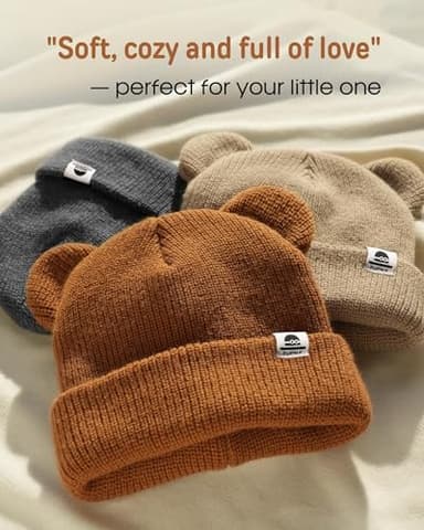 FURTALK Baby Beanie Winter Hat with Bear Ear for Infant Toddler Boys Girls Soft Knitted Skull Cap Dark Grey+Khaki+Caramel 0-6 Months - Image 2